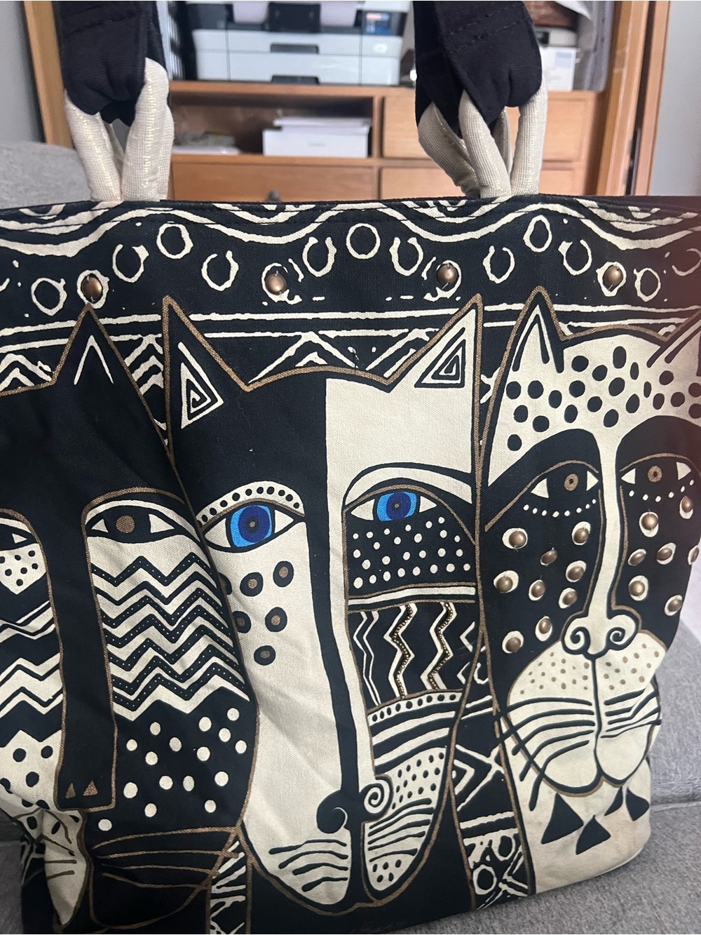 LAUREL BURCH CAT Shoulder TOTE BAG Black & White Cats Geometric rare vintage - Picture 7 of 11